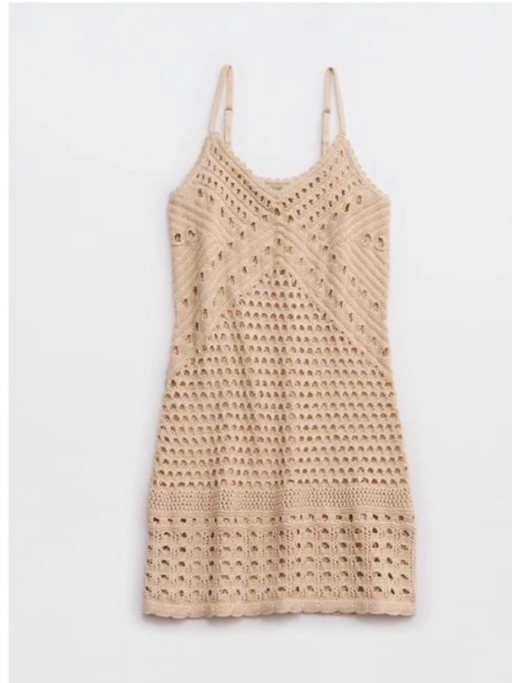 Aerie Beige Crochet Metallic Knit Swim Cover-Up Mini Dress